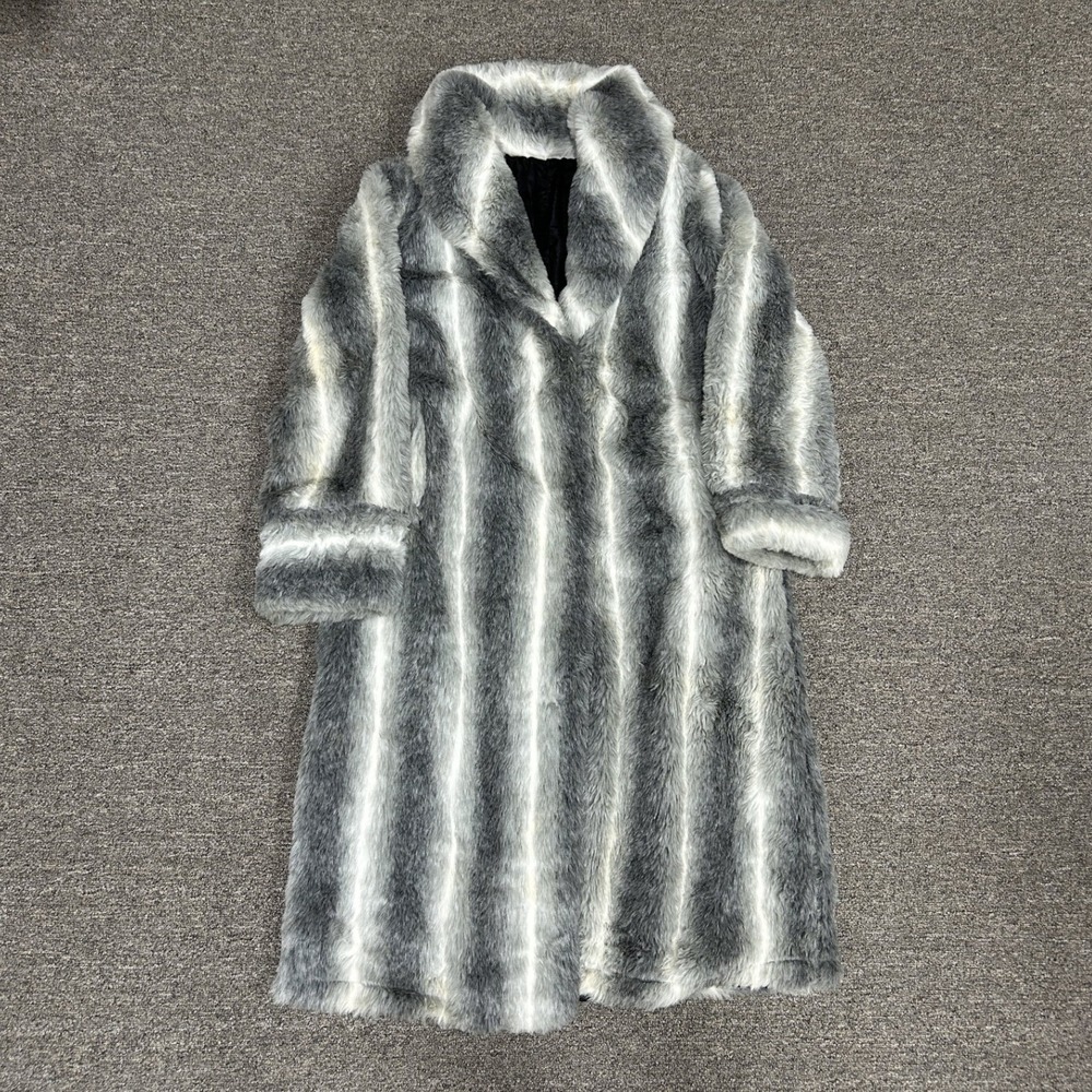Metro style Faux Fur Coat Womens PS Grey White Striped Longline Notched Lapel